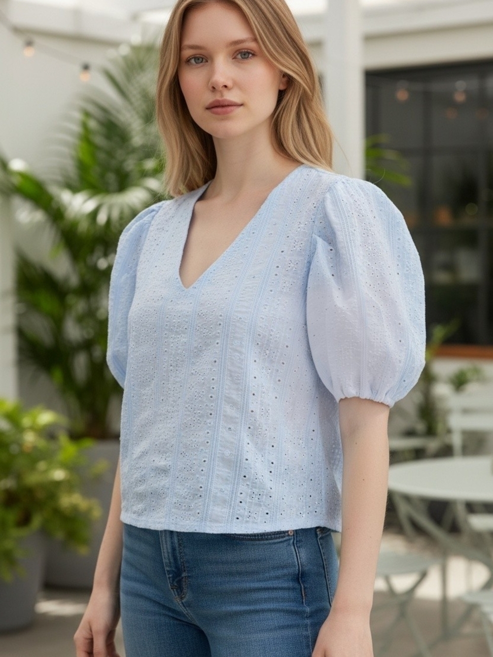 Able Light Blue Eyelet V-Neck Puff Sleeve Blouse